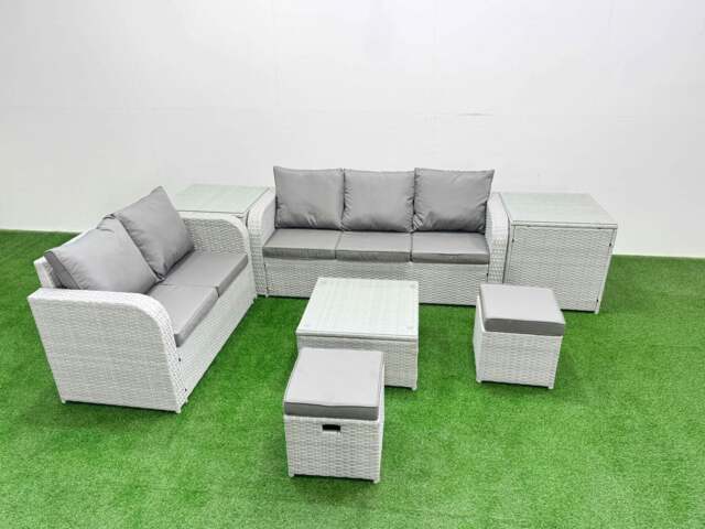 Rackhams 7 Seater PE Rattan Wicker Garden Furniture Patio Conservatory Sofa Set with Square Coffee Table 3 Seater Sofa Love Sofa 2 Stools 2 Side Table - image 1