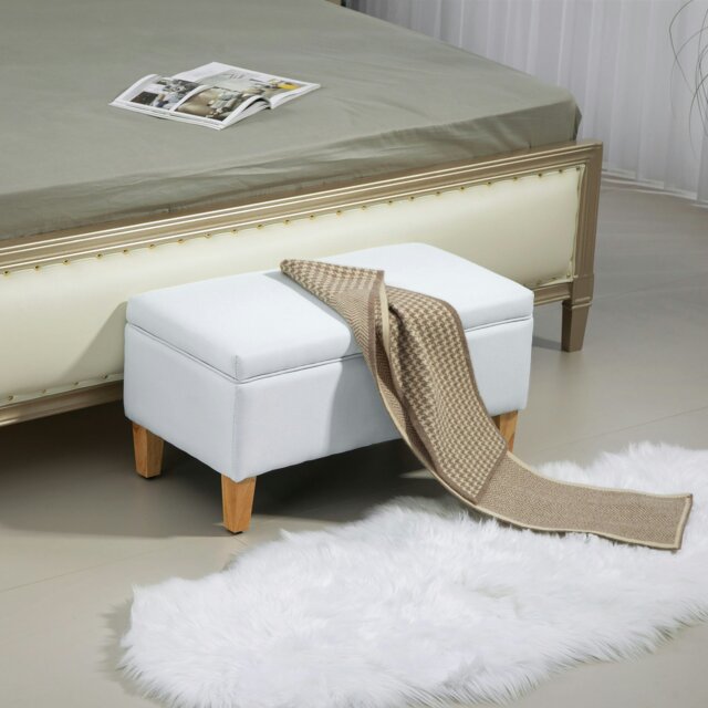 Rackhams Linen Storage Ottoman Storage Box with Rubberwood Legs - Cream - Polyester, Sponge, Rubberwood - 71cm x 37cm x 36cm
