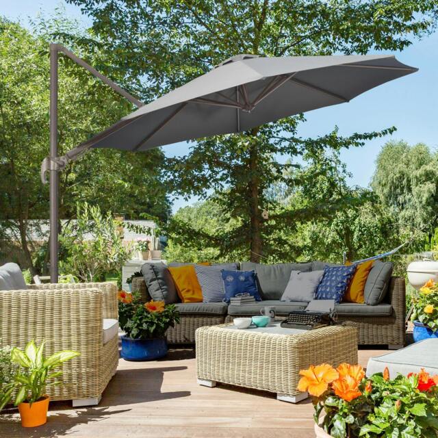 Rackhams 3(m) Cantilever Parasol 360° Rotation Roma Umbrella Hanging Sun Shade with Aluminium Frame, Tilt Crank, 8 Ribs and Cross Base, Khaki