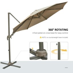 Rackhams 3(m) Cantilever Parasol 360° Rotation Roma Umbrella Hanging Sun Shade with Aluminium Frame, Tilt Crank, 8 Ribs and Cross Base, Khaki - thumbnail 5