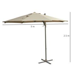 Rackhams 3(m) Cantilever Parasol 360° Rotation Roma Umbrella Hanging Sun Shade with Aluminium Frame, Tilt Crank, 8 Ribs and Cross Base, Khaki - thumbnail 6