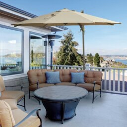 Rackhams 3(m) Cantilever Parasol 360° Rotation Roma Umbrella Hanging Sun Shade with Aluminium Frame, Tilt Crank, 8 Ribs and Cross Base, Khaki - thumbnail 2