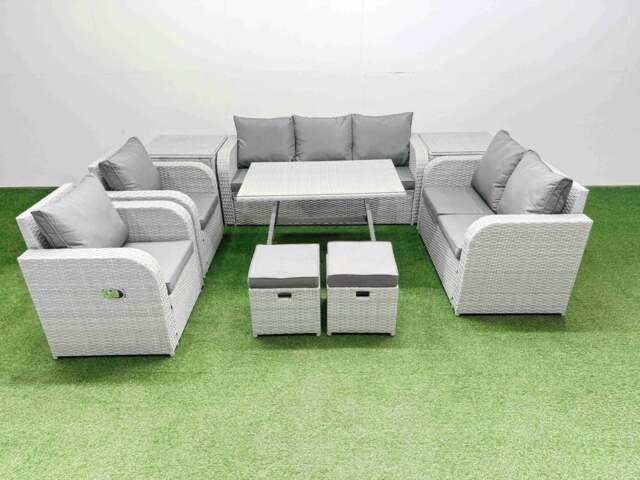 Rackhams PE Rattan Garden Furniture Set Outdoor Rectangular Dining Table Sofa Set with Reclining Chair 2 Small Stool 2 Side Tables Light Grey - image 1