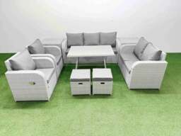 Rackhams PE Rattan Garden Furniture Set Outdoor Rectangular Dining Table Sofa Set with Reclining Chair 2 Small Stool 2 Side Tables Light Grey - thumbnail 1