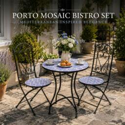 Rackhams Porto Mosaic Bistro Set Three Piece Folding Chairs & Round Table, Metal Outdoor Garden Furniture for Balcony & Terrace - 3 Piece - thumbnail 6