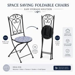Rackhams Porto Mosaic Bistro Set Three Piece Folding Chairs & Round Table, Metal Outdoor Garden Furniture for Balcony & Terrace - 3 Piece - thumbnail 3