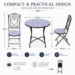 Rackhams Porto Mosaic Bistro Set Three Piece Folding Chairs & Round Table, Metal Outdoor Garden Furniture for Balcony & Terrace - 3 Piece - thumbnail 5