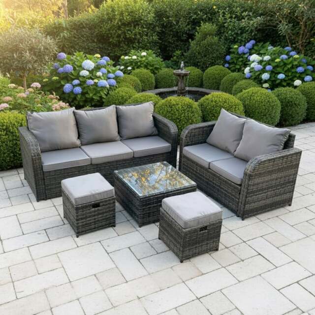 Rackhams 7 Seater Rattan Garden Furniture Set with 2 Sofas, Coffee Table & 2 Footstools - Dark Grey - image 1