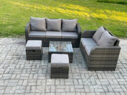 Rackhams 7 Seater Rattan Garden Furniture Set with 2 Sofas, Coffee Table & 2 Footstools - Dark Grey - thumbnail 2
