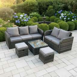 Rackhams 7 Seater Rattan Garden Furniture Set with 2 Sofas, Coffee Table & 2 Footstools - Dark Grey - thumbnail 1