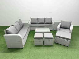 Rackhams 10 Seater Poly Rattan Outdoor Garden Furniture Sofa Set Patio 3 Seater Sofa Reclining Chair 3 Seater Sofa 3 Stools 2 Side Table Light Grey - thumbnail 1
