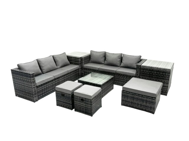 Rackhams Outdoor Rattan Garden Furniture Set 9 Seater Patio Lounge Sofa Set with Square Coffee Table 2 Side Table 3 Footstools Dark Grey Mixed - image 1