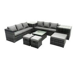 Rackhams Outdoor Rattan Garden Furniture Set 9 Seater Patio Lounge Sofa Set with Square Coffee Table 2 Side Table 3 Footstools Dark Grey Mixed - thumbnail 1
