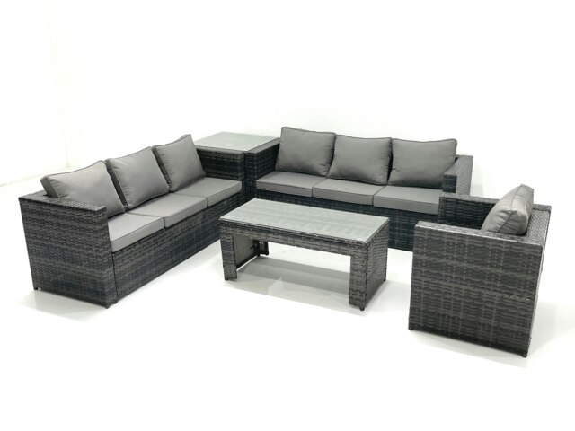 Rackhams 7 Seater Rattan Garden Furniture Set Outdoor Lounger Sofa with Coffee Table Armchair Side Table Dark Grey Mixed - image 1