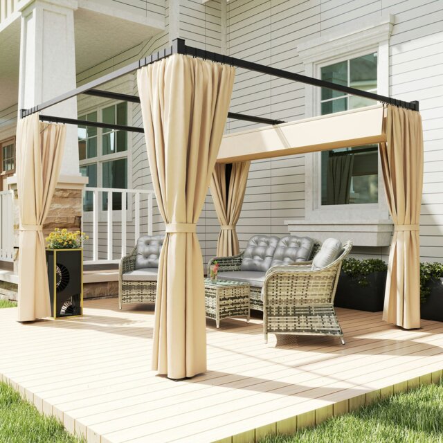 Rackhams 3 x 3(m) Pergola with Retractable Roof and Curtains, Beige - Khaki - Metal, Polyester - 300L x 300W x 227Hcm - image 1