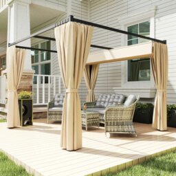 Rackhams 3 x 3(m) Pergola with Retractable Roof and Curtains, Beige - Khaki - Metal, Polyester - 300L x 300W x 227Hcm - thumbnail 1