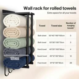 Rackhams Towel Rack Wall Mounted Shelf Bathroom Storage Holder with Hooks Black - thumbnail 6