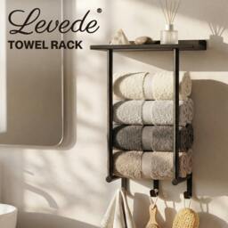 Rackhams Towel Rack Wall Mounted Shelf Bathroom Storage Holder with Hooks Black - thumbnail 2