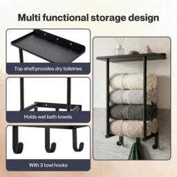 Rackhams Towel Rack Wall Mounted Shelf Bathroom Storage Holder with Hooks Black - thumbnail 5