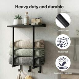 Rackhams Towel Rack Wall Mounted Shelf Bathroom Storage Holder with Hooks Black - thumbnail 4