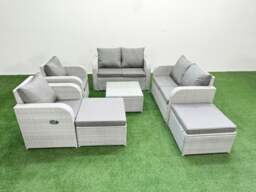 Rackhams 8 Seater Outdoor Reclining Chair Love Sofa Set Rattan Garden Furniture Set with Square Coffee Table 2 Big FootStools Light Grey - thumbnail 2