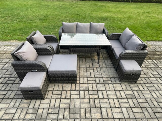 Rackhams 10-Seater Dark Grey PE Wicker Rattan Outdoor Dining Sofa Set - Rectangular Table, Reclining Loveseat, 2-Seater Sofa, 3 Footstools - image 1