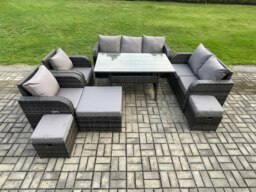 Rackhams 10-Seater Dark Grey PE Wicker Rattan Outdoor Dining Sofa Set - Rectangular Table, Reclining Loveseat, 2-Seater Sofa, 3 Footstools - thumbnail 1