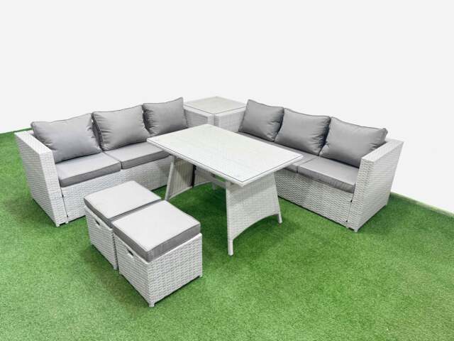Rackhams Rattan Garden Furniture Dining Set 8 seater Patio Rectangular Table 3 Seater Sofa Set with Side Table 2 Small Stools Light Grey - image 1
