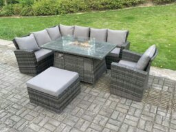 Rackhams 8 Seater?Outdoor Rattan Gas Fire Pit Sofa Dining Set Garden Furniture Heater Dining Table Chair Dark Grey Mixed Left Side - thumbnail 1