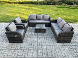 Rackhams High Back Rattan Garden Furniture Set with Square Coffee Table Indoor Outdoor Patio Lounge Sofa Set Dark Grey Mixed - thumbnail 2