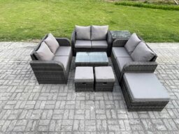 Rackhams 9-Seater Outdoor Rattan Garden Furniture Set - Dark Grey Mixed Sofa with Rectangular Coffee Table & 3 Footstools - thumbnail 1