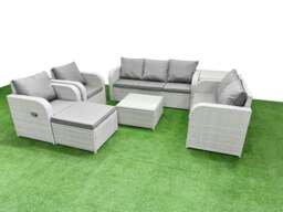 Rackhams Rattan Garden Furniture Set with Adjustable Chair, Sofa, Love Seat 2 Seater Sofa, Square Coffee Table, Big Footstool, Side Table - Light Grey - thumbnail 1