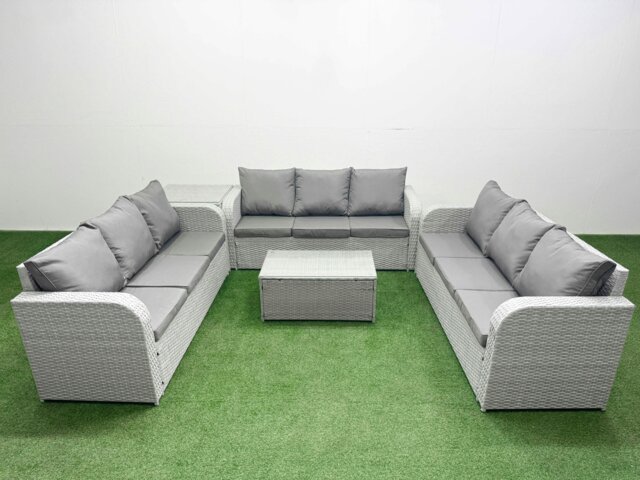 Rackhams PE Rattan Lounge Sofa Set 9 Seater Outdoor Garden Furniture Set with Rectangular Coffee Table 3 Seater Sofa Side Table Light Grey - image 1