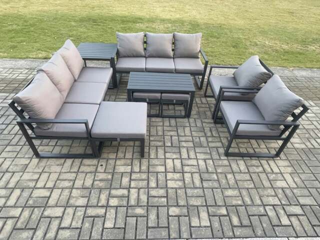 Rackhams Aluminium Outdoor Garden Furniture Lounge Sofa 2 PC Chairs Oblong Coffee Table Sets with Side Table 3 Footstools Dark Grey - image 1
