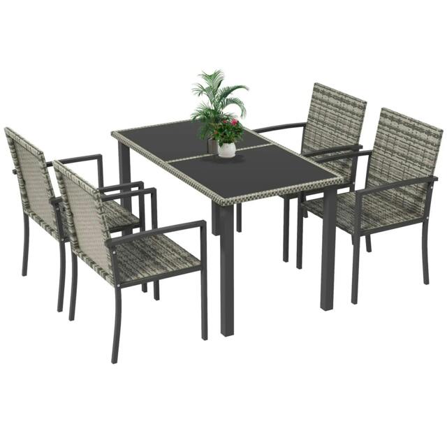 Rackhams Outdoor Dining Set 5 Pieces Patio Conservatory with Tempered Glass Tabletop,4 Dining Chairs - Mixed Grey - image 1
