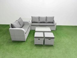 Rackhams 7-Seater PE Wicker Rattan Garden Sofa Set - Dark Grey Mixed Patio Conservatory Furniture with Rectangular Coffee Table & 3-Seater Sofa - thumbnail 1
