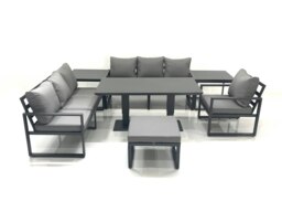Rackhams Outdoor Garden Furniture Set Aluminium Lounge Sofa Adjustable Rising Lifting Dining Table Sets with Big Footstool 2 Side Tables Dark Grey