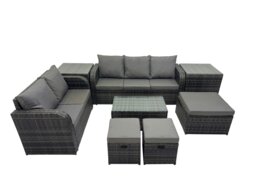Rackhams Outdoor Love Sofa 3 Seater Sofa Coffee Table Set Garden Rattan Furniture Set 8 Seater with 2 Side Tables 3 Stools Dark Grey - thumbnail 2
