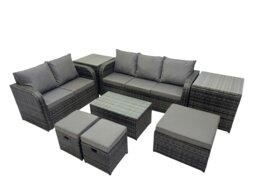 Rackhams Outdoor Love Sofa 3 Seater Sofa Coffee Table Set Garden Rattan Furniture Set 8 Seater with 2 Side Tables 3 Stools Dark Grey - thumbnail 1
