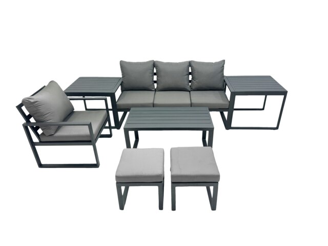 Rackhams 6 Seat Outdoor Garden Furniture Set Aluminium Lounge 3 Seat Sofa Oblong Coffee Table Sets with Chair 2 Small Stools 2 Side Tables Dark Grey - image 1