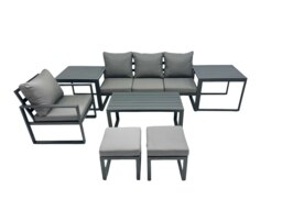 Rackhams 6 Seat Outdoor Garden Furniture Set Aluminium Lounge 3 Seat Sofa Oblong Coffee Table Sets with Chair 2 Small Stools 2 Side Tables Dark Grey - thumbnail 1