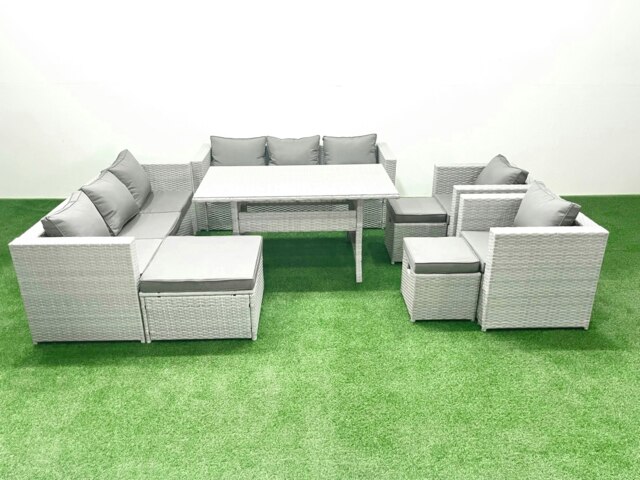 Rackhams Rattan Garden Furniture Set Outdoor 8 Seater Patio Dinin g Sofa Sets with Dining Table 2 Chairs 3 Footstools Light Grey Mixed - image 1