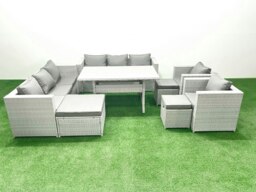 Rackhams Rattan Garden Furniture Set Outdoor 8 Seater Patio Dinin g Sofa Sets with Dining Table 2 Chairs 3 Footstools Light Grey Mixed - thumbnail 1
