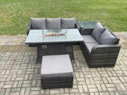 Rackhams PE Wicker Outdoor Rattan Garden Furniture Set Propane Gas Fire Pit Table and Sofa set with Side Table Big Footstool - thumbnail 2