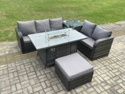 Rackhams PE Wicker Outdoor Rattan Garden Furniture Set Propane Gas Fire Pit Table and Sofa set with Side Table Big Footstool - thumbnail 1