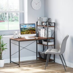 Rackhams Computer Desk Laptop Table w/4-tier Bookshelf  Metal Frame - Rustic Brown - thumbnail 3