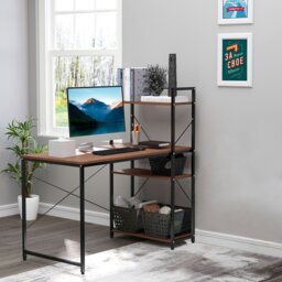 Rackhams Computer Desk Laptop Table w/4-tier Bookshelf  Metal Frame - Rustic Brown - thumbnail 2