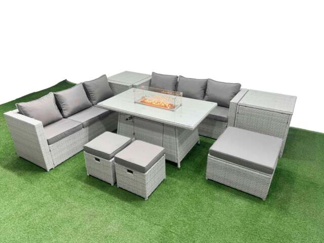 Rackhams 9 Seat PE Rattan Lounge Sofa Set Outdoor Garden Furniture Set with Fire Pit Dining Table 3 Seater Sofa 3 Stools 2 Side Tables Light Grey - image 1
