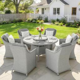 Rackhams Rattan Garden Dining Set with Turntable, Aluminium Frame, Grey - PE rattan, Aluminium, Fibre cloth, Tempered glass, PP cotton, Sponge - Grey - Table: 136x136x73 cm, Chair: 62x69x86 cm