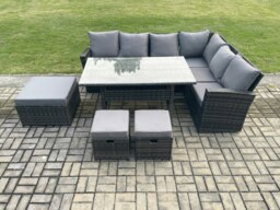 Rackhams 9 Seater Garden Rattan Furniture Corner Sofa Dining Table Chair Set with 2 Small Footstools Indoor Outdoor Lounge Sofa Set - thumbnail 2